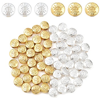 60Pcs 2 Colors Alloy Beads, Long-Lasting Plated, Flat Round with Evil Eye, Golden & Silver, 5.5x6x3mm, Hole: 1.5mm, 30pcs/color