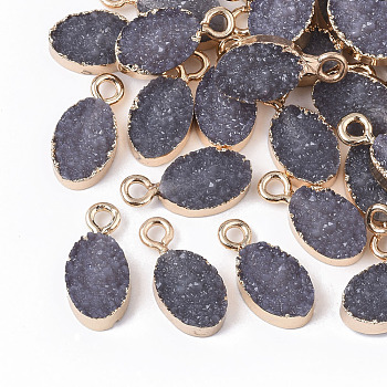 Druzy Resin Pendants, with Edge Light Gold Plated Iron Loops, Oval, Dark Gray, 15~16x7.5x4mm, Hole: 1.8mm