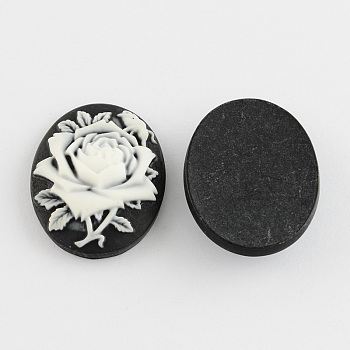 Flower Cameo Oval Resin Cabochons, Black and WhiteSmoke, 29.5x23x7mm