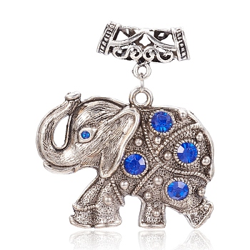 Alloy Rhinestone Big Pendants, with Alloy Scarf Bail Bead Tube Bails, Antique Silver Color Plated, Elephant, Large Hole Pendant, Sapphire, 54mm, Hole: 7mm, Pendant: 38x48x8mm