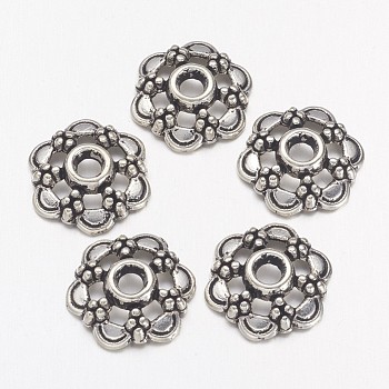 Tibetan Silver Fancy Bead Caps, Lead Free & Cadmium Free, Flower, Antique Silver, about 13.5mm in diameter, Hole: 1.2mm