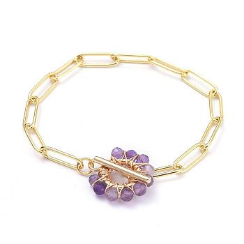 Brass Paperclip Chain Bracelets, with Natural Amethyst Beads and 304 Stainless Steel Toggle Clasps, Real 18K Gold Plated, 7-1/4 inch(18.5cm)
