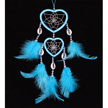 Feather Pendant Decoration with Natural Shell Beaded, Woven Net/Web with Feather, Art Hanging Decors for Garden Window Party, Deep Sky Blue, 350~400mm