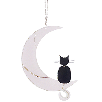 Acrylic Hanging Pendant Decorates, Cat & Moon, Black, 220x160mm