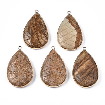 Natural Picture Jasper Pendants, with Light Gold Plated Brass Findings, Teardrop, 50~51x31~31.5x10mm, Hole: 2mm