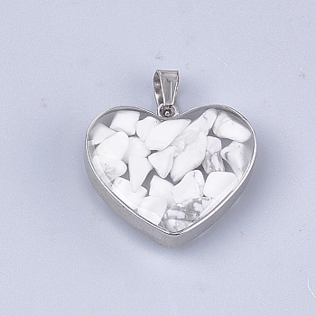 Natural Howlite Pendants, with Glass and 304 Stainless Steel Findings, Heart, Stainless Steel Color, 19x21x6mm, Hole: 3x5.5mm