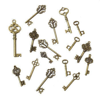 Tibetan Style Alloy Pendants, Skeleton Key Charms, Antique Bronze, 32~70x13.5~31x2~4mm, Hole: 2.5~7.5mm
