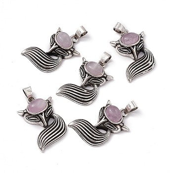 Natural Kunzite Pendants, Fox Charms, with Antique Silver Color Brass Findings, 29x19x8mm, Hole: 4~5x3.5mm