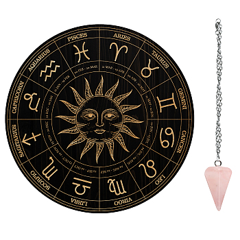 AHADEMAKER 1Pc Wood Pendulum Board, 1Pc 304 Stainless Steel Cable Chain Necklaces, 1Pc Natural Rose Quartz Stone Pendants, for Witchcraft Wiccan Altar Supplies, Sun Pattern, Board: 200x4mm