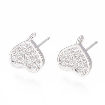 Brass Stud Earring Findings, with Cubic Zirconia and Loop, Heart, Clear, Platinum, 10x9mm, Hole: 1.2mm, Pin: 0.8mm