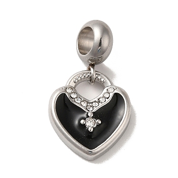 304 Stainless Steel Enamel European Dangle Charms, Large Hole Pendants with Crystal Rhinestone, Heart, Stainless Steel Color, Black, 25mm, Pendant: 16x14x3mm, Hole: 4.5mm