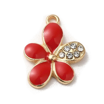 Flower Alloy Enamel Pendants, with Rhinestone, Light Gold, Red, 17.5x13x2.5mm, Hole: 1.4mm