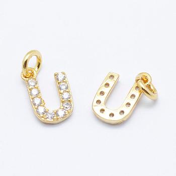 Brass Micro Pave Grade AAA Cubic Zirconia Charms, Letter U, Cadmium Free & Nickel Free & Lead Free, Real 18K Gold Plated, 9x6x1.5mm, Hole: 2mm