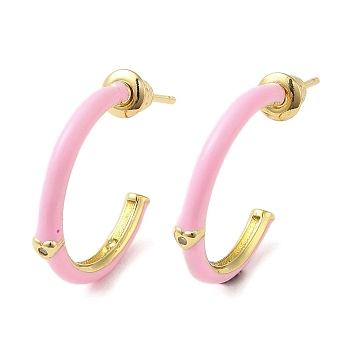 Real 18K Gold Plated Brass Ring Stud Earrings, Half Hoop Earrings with Enamel, Pink, 19.5x2.5mm