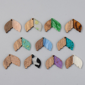 Resin & Walnut Wood Pendants, Fishtail Shape, Mixed Color, 23x28x3mm, Hole: 2mm