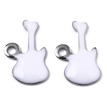 201 Stainless Steel Enamel Charms, Guitar, Stainless Steel Color, White, 15x9x2mm, Hole: 1.6mm