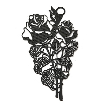 Spray Printed 430 Stainless Steel Pendants, Etched Metal Embellishments, Black, Flower, 62x35x0.3mm, Hole: 4mm