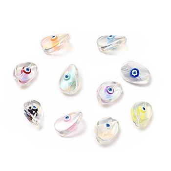 Transparent Glass Beads, with Enamel, Teardop with Evil Eye Pattern, Mixed Color, 18.5x12.5x8mm, Hole: 1.2mm