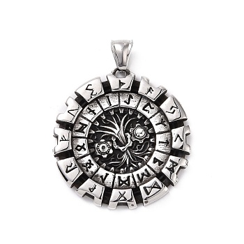 304 Stainless Steel Pendants, Flat Round with Viking Rune, Antique Silver, 43x40.5x4mm, Hole: 4x8mm