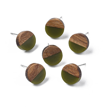 Opaque Resin & Walnut Wood Stud Earrings, with 316 Stainless Steel Pins, Flat Round, Dark Olive Green, 10mm, Pin: 0.7mm