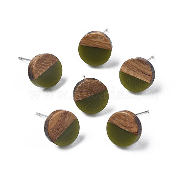 Dark Olive Green Flat Round Wood Stud Earrings