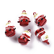 Christmas Baking Painted Brass Bell Pendants, Father Christmas, Red, 23.5x17.5x13.5mm, Hole: 2mm(X-KKB-S002-002)