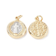 Brass Pendants, Cadmium Free & Lead Free, with Jump Ring, Flat Round with Flat Round with Cssml Ndsmd Cross God Father Religious Christianity, Real 18K Gold Plated & Platinum, Mixed Color, 18x15x3.5mm, Ring: 5x0.8mm, Hole: 3.3mm(KK-F845-21G)