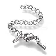 304 Stainless Steel Curb Chain Extender, with Cord Ends and Lobster Claw Clasps, Stainless Steel Color, Chain Extender: 52mm, Clasps: 9.6x6.5x3.5mm, Cord Ends: 6.5x1.5mm, 1mm inner diameter(STAS-K195-29P-015)