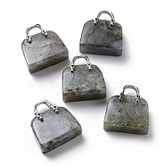 Natural Labradorite Brass Pendants, Platinum, Bag, 27.5x25x10mm, Hole: 6mm(KK-E274-01P-09)
