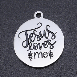 201 Stainless Steel Etched Pendants, Quote Charms, Flat Round with Jesus Loves Me, Stainless Steel Color, 22x19x1.5mm, Hole: 1.8mm(STAS-N090-JN802)