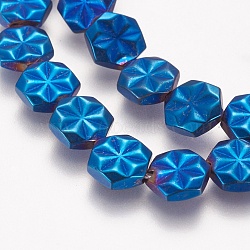 Electroplated Non-magnetic Synthetic Hematite Beads Strands, Grade AA, Hexagon with Flower, Blue Plated, 9x8x2.5~3mm, Hole: 1mm, about 40pcs/strand, 15.7 inch(40cm)(G-K259-06F)