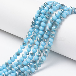 Electroplate Opaque Glass Beads Strands, Half Gray Plated, Faceted, Rondelle, Sky Blue, 8x6mm, Hole: 1mm, about 65~68pcs/strand, 15.7~16.1 inch(40~41cm)(EGLA-A034-P8mm-E02)