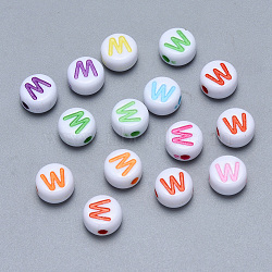 Craft Acrylic Horizontal Hole Letter Beads, Flat Round, Mixed Color, Letter.W, 7x3.5~4mm, Hole: 1.5mm, about 3600pcs/500g(SACR-S201-11W)