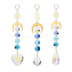 Electroplate Glass Heart & Teardrop Window Hanging Suncatchers, Golden Brass Sun & Moon and Glass Octagon Beads Pendants Decorations Ornaments, Blue, 220x28mm(HJEW-JM00851-01)