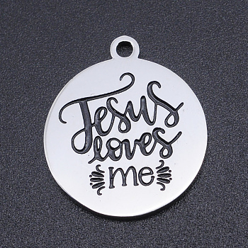 201 Stainless Steel Etched Pendants, Quote Charms, Flat Round with Jesus Loves Me, Stainless Steel Color, 22x19x1.5mm, Hole: 1.8mm