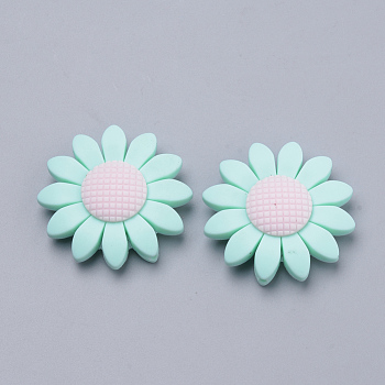 Food Grade Eco-Friendly Silicone Focal Beads, Chewing Beads For Teethers, DIY Nursing Necklaces Making, Sunflower, Pale Turquoise, 40x10mm, Hole: 3mm