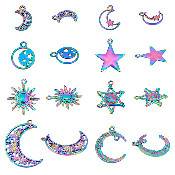 Elite 16Pcs 8 Style Alloy Pendants, Star of David with Eye & Moon & Star, Rainbow Color, 18~36x12~25.5x1.5~3mm, Hole: 1.6~2mm, 2pcs/style