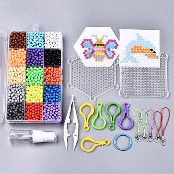 15 Colors 2250pcs Round Water Fuse Beads Kits for Kids, Spray and Stick Refill Beads, Random 2pcs Pattern Paper, Keychain Making, Mixed Color, Beads: 5mm, 150pcs/color