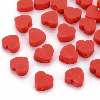 Handmade Polymer Clay Beads, Heart, Red, 8~9x9~10x3~5mm, Hole: 1.2mm