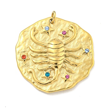 Real 18K Gold Plated Vacuum Plating 304 Stainless Steel Pendants, with Rhinestone and Jump Ring, Flat Round with Constellations Charms, Scorpio, 20~21.8x20~21x2~3mm, Hole: 2mm