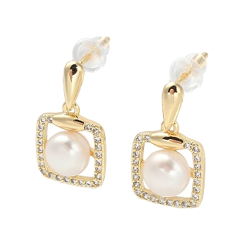 Natural Pearl Ear Studs, with Brass Micro Pave Clear Cubic Zirconia Findings and 925 Sterling Silver Pins, Square, Real 14K Gold Plated, 18.5x10.5mm