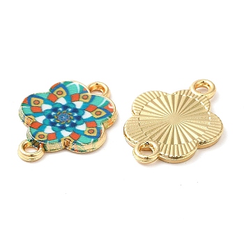 Printed Alloy Enamel Connector Charms, Flower Links, Light Gold, Turquoise, 14x18x1.5mm, Hole: 1.5mm
