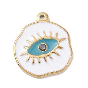 304 Stainless Steel Pendants, with Rhinestone and Enamel, Flat Round with Horse Eye, Golden, Teal, 22x19x3mm, Hole: 1.2mm