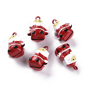 Christmas Baking Painted Brass Bell Pendants, Father Christmas, Red, 23.5x17.5x13.5mm, Hole: 2mm