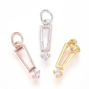 Brass Charms, with Micro Pave Cubic Zirconia and Jump Rings, Trapezoid, Clear, Mixed Color, 11x3x1.5mm, Hole: 2.3mm