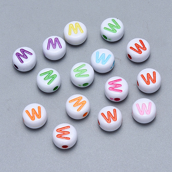 Craft Acrylic Horizontal Hole Letter Beads, Flat Round, Mixed Color, Letter.W, 7x3.5~4mm, Hole: 1.5mm, about 3600pcs/500g