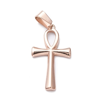 Ion Plating(IP) 304 Stainless Steel Pendants, Laser Cut, Ankh Cross, Rose Gold, 30x16x2mm, Hole: 4x7mm