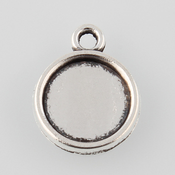 Tibetan Style Antique Silver Alloy Flat Round Pendant Cabochon Settings, Cadmium Free & Lead Free, Tray: 8mm, 14x11x2mm, Hole: 1mm