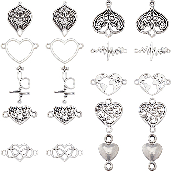 80Pcs 10 Styles Tibetan Style Alloy Connector Charms, Heart & Teardrop, Antique Silver, 12~30x8~37.5x1.5~3mm, Hole: 1.4~1.8mm, 8pcs/style