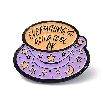 Everything's Going To Be Ok Enamel Pin, Moon & Star Cup Alloy Enamel Brooch for Backpacks Clothes, Electrophoresis Black, Medium Purple, 24x29x11mm